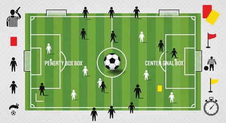 Soccer field layout with players, referee, and equipment for a match. © Zina