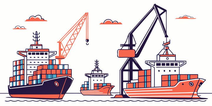 A cargo ship and a tug boat in a harbor with a crane Vector