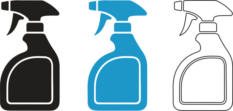 Three spray bottles in black blue and white colors for cleaning supplies