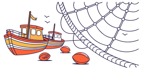 A small orange boat with a net and crabs Vector © Adobe 