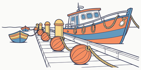 A large orange and blue boat sitting on a dock Vector © Adobe 