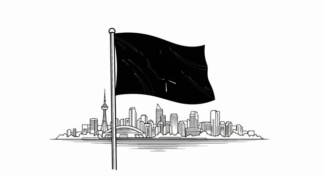 Sketch of a city skyline with a black flag on a pole