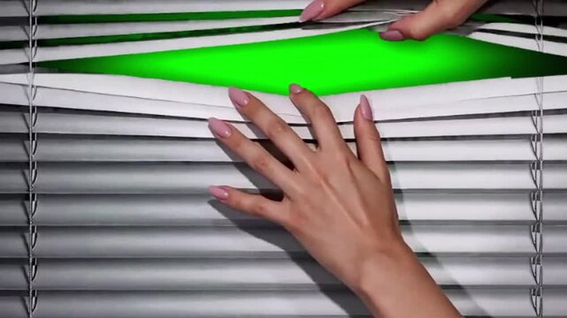 Hand Peeking Through Blinds &ndash; Green Screen Footage
