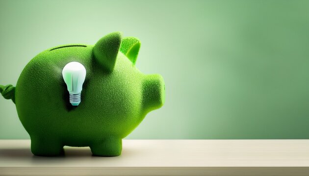 green electic electric bulb piggy bank on neutral studio background as energy saving concept poster or banner