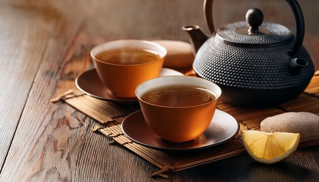 two cups of tea are on a table with a teapot