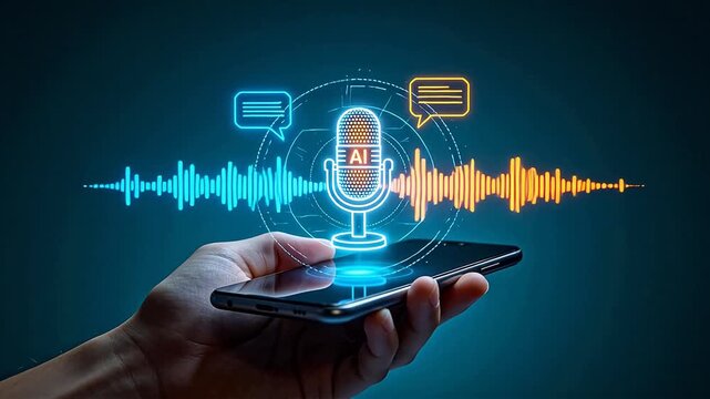 AI Voice Assistant Technology Futuristic Smartphone Interface With Digital Microphone Sound Wave Visualization Virtual Communication Speech Recognition Smart Device Interaction