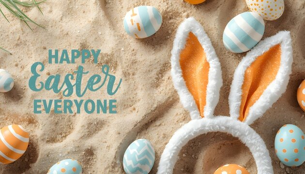 Easter bunny ears and decorated eggs on sandy beach with happy easter everyone text