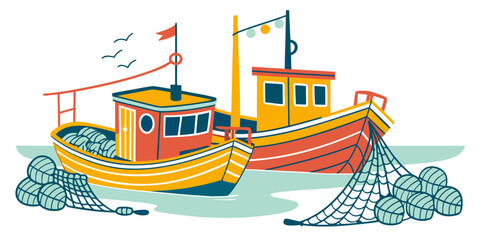 Two fishing boats on the water with fishing nets Vector © Adobe 