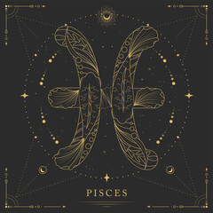 Modern magic witchcraft card with astrology Pisces zodiac sign on space background. Line art vector illustration © annbozhko