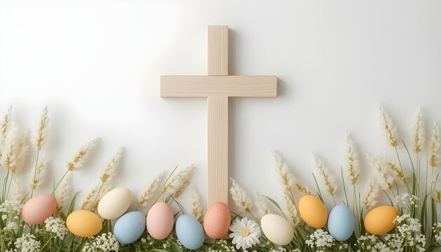 Easter eggs and wooden cross with wheat on white background for spring holiday decoration