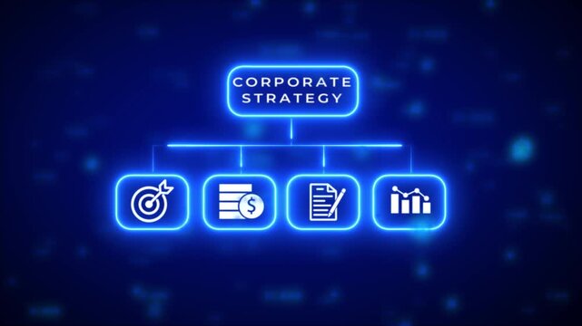 A neon blue flowchart diagram illustrating corporate strategy with for goals finance documents and analytics against a dark digital background with glowing numbers