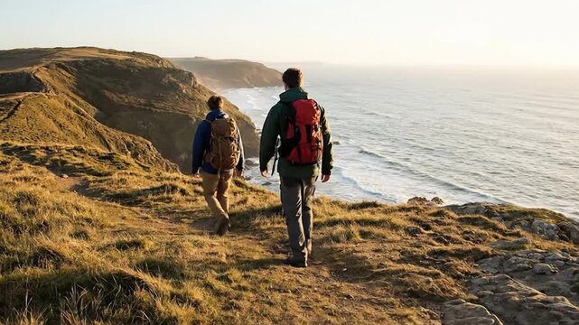 Coastal hikers with backpacks walking along a cliff path, overlooking the vast ocean at golden hour.