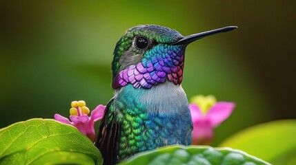 Fototapeta premium Close-up of a vibrant iridescent hummingbird perched among green leaves and pink flowers, serene and curious against a soft green bokeh background