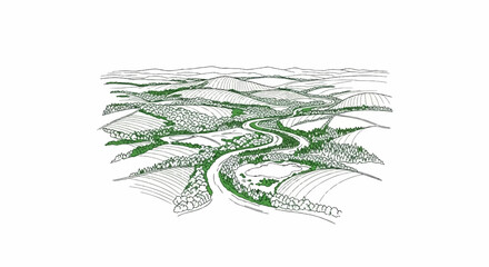 Obraz premium Stylized aerial view of rolling hills, fields, and a winding river