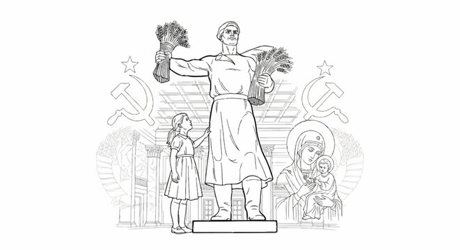 Stylized artwork depicts a girl near a harvest-themed sculpture and religious figures
