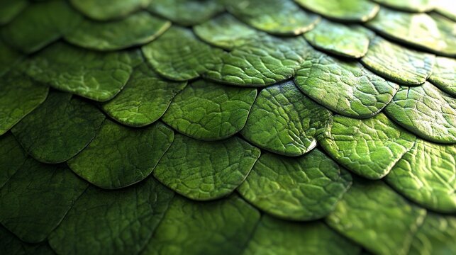 Green reptile scales texture, close-up, background blur, design element