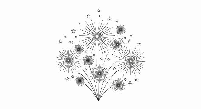 Stylized black and white graphic of a firework display with stars