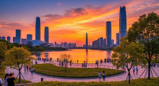 Stunning sunset over Zhengzhous Central Business District lake.