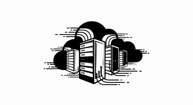 Stylized black and white graphic of server racks within a cloud shape
