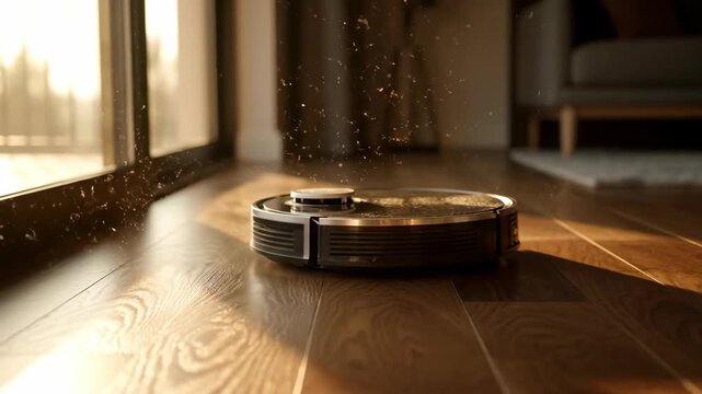 Robot vacuum cleaner on wooden floor cleaning dust in living room. Smart home technology.
