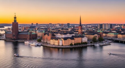 Fototapeta premium Stockholms Skyline at Sunset - A Captivating Aerial View.