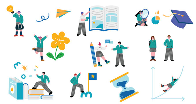 制服を着た高校生の男女のイラストセット