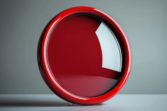 glossy red circular pod chair with reflective inner surface and clear front panel on minimalist studio floor, sleek futuristic playful mood