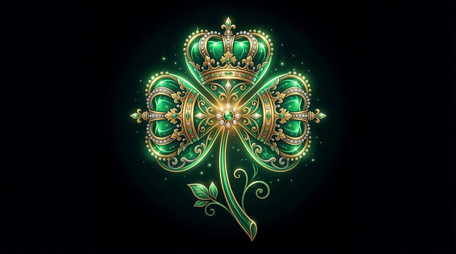 A luxurious four-leaf clover adorned with a crown and precious gems