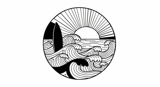 Stylized circle depicting a surfboard, ocean waves, and sunburst