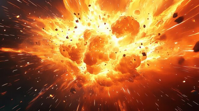 Massive fiery explosion with glowing orange fireball bursting outward, flying rocks, sparks, smoke and radiant shockwave conveying intense dramatic destructive energy