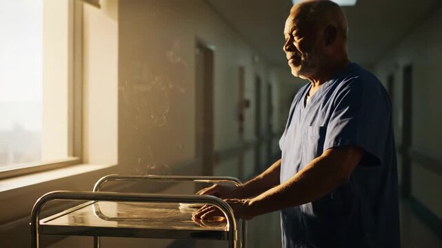 Senior African American man cleaning cart in hospital hallway, worker hygiene.