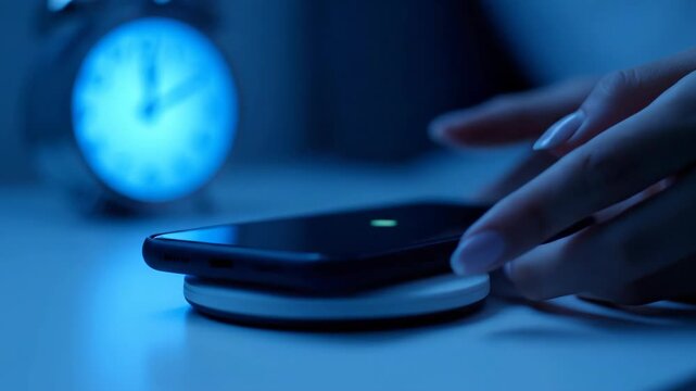 Woman using smartphone for wireless charging on desk near clock in blue tones, modern technology, nighttime, lifestyle, communication.
