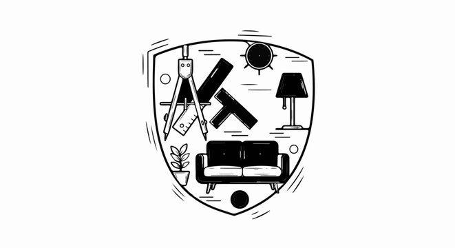 Sketch of architectural tools, furniture, and a lamp within a shield