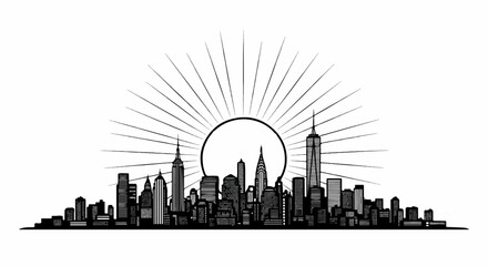 Obraz premium Stylized city skyline with sunburst