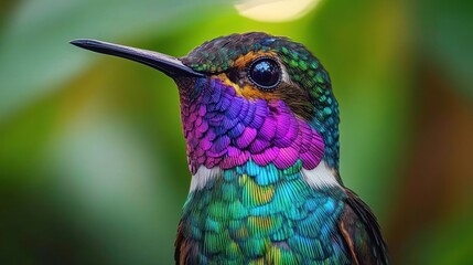 Fototapeta premium close-up portrait of a vibrant iridescent hummingbird with purple throat feathers, turquoise and green plumage, glossy eye and slender beak against a soft green bokeh background evoking wonder