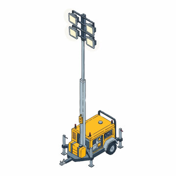 Isometric illustration of a mobile light tower with four lamps on a telescopic mast.