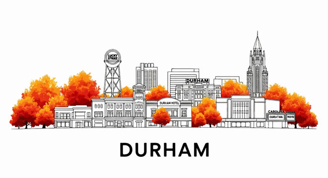 Sketch of Durham skyline with vibrant autumn trees in the foreground