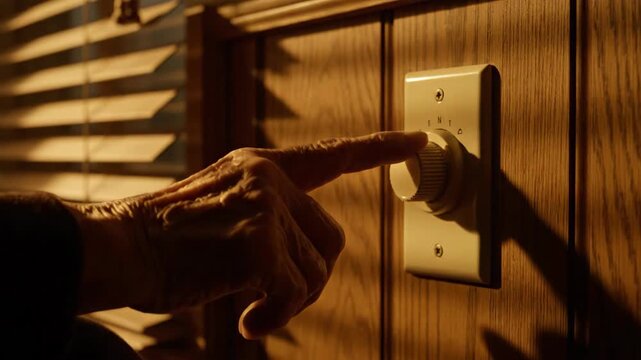 Close-up of hand adjusting vintage light dimmer switch, controlling the intensity of light in room from window blinds.