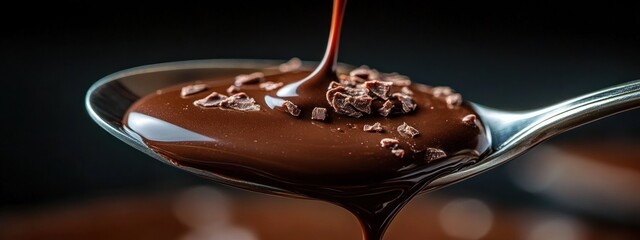 close-up of glossy melted dark chocolate pouring onto a spoon topped with cocoa nibs, rich and indulgent