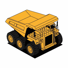 Isometric illustration of a large yellow mining dump truck with six wheels and a detailed cargo bed. © Bunga