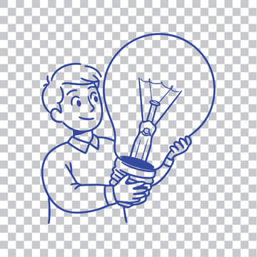 Cartoon illustration of a business person character with a glowing idea bulb sketch and vector design art