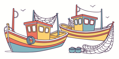 Two colorful fishing boats with nets on the water Vector © Md Kazi Rahman