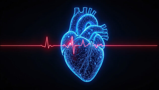 Illuminated anatomical heart rendering displays dynamic cardiac rhythm pattern against a dark background