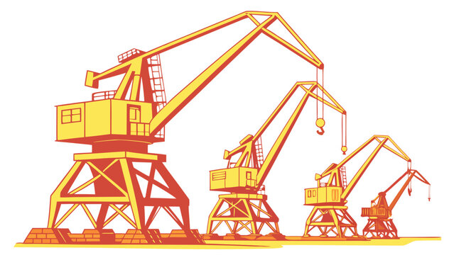 Three yellow construction cranes on a flat surface Vector