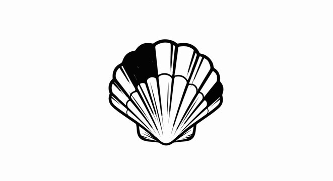 Stylized black and white illustration of a scallop shell