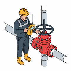 Worker inspecting a valve on a pipeline with a handheld device. © Rega