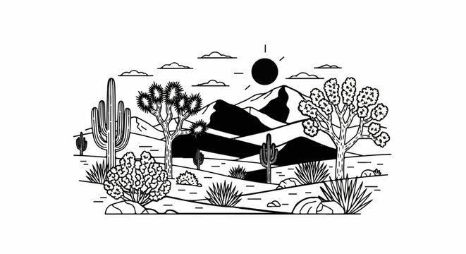 Stylized desert landscape with mountains, sun, clouds, and various cacti