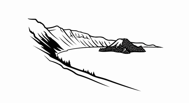 Stylized graphic illustration of a caldera lake with volcanic peak island and forested slopes