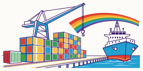 Naklejka premium A cargo ship and crane loading colorful shipping containers under a rainbow Vector