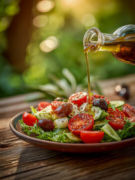 Fresh salad featuring cherry tomatoes, cucumbers, and mixed greens, with olive oil being poured, set on a wooden table in a sunny outdoor environment